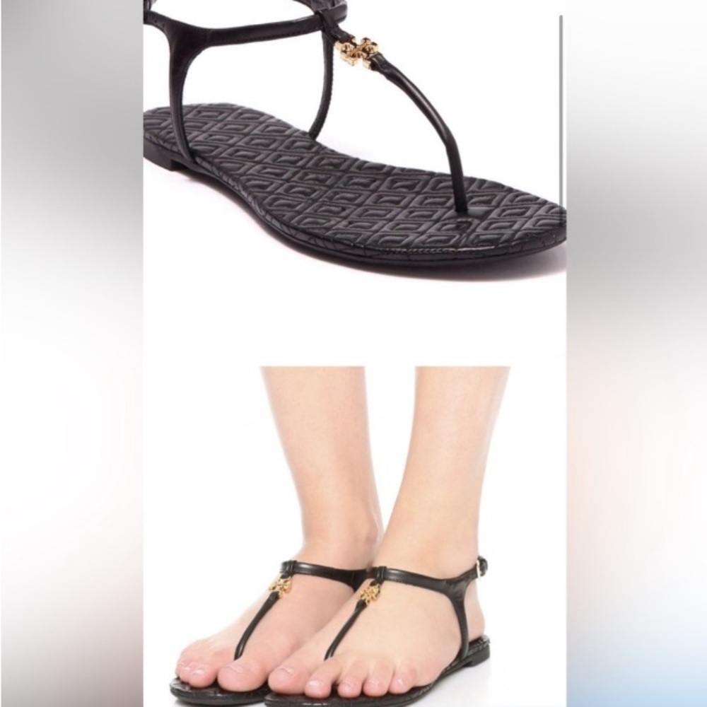 TORY BURCH Marion Quilted Black Leather T-Strap Gold Logo Sandals Size 8 Luxury